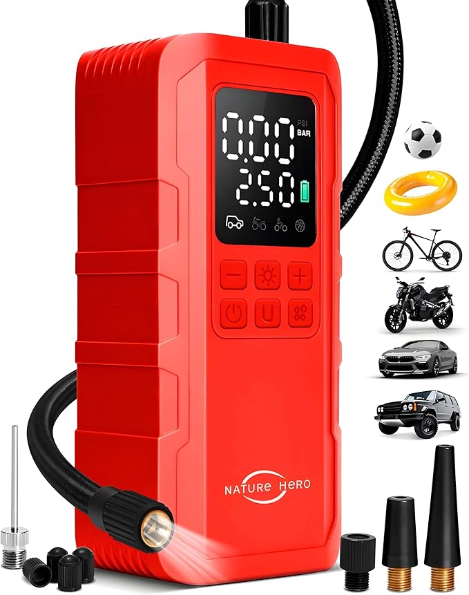 Tire Inflator Portable Air Compressor,150 PSI car tire air Pump Portable with Digital LCD Pressure Gauge,Electric Air Pump for Motorcycle Tires,Bicycle Tires and Balls,Red
