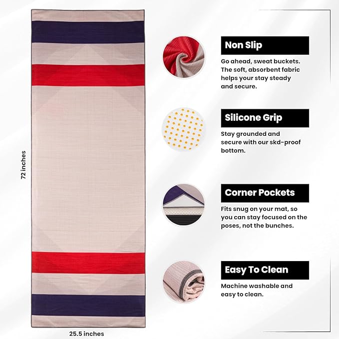 Yoga Drip Yoga Towel - Non Slip Hot Yoga Mat Towel With Corner Pockets, No-Skid Grip, and Built-in Alignment Lines | Soft, Moisture Wicking, and Sweat Absorbent | No Bunching, Stays in Place 72" x 25"