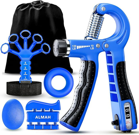 ALMAH Hand Grip Strengthener kit(5 Pack),Grip Strength Trainer,Forearm Workout Trainer Adjustable Grip Exercises,Finger Grip Strengthener,Finger Stretcher,Grip Ring & Stress Relief Ball with Carry Bag