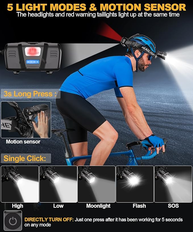 High Lumens LED Headlamp& 100H Using Time, USB Rechargeable Head lamp, 90° Adjustable Widebeam Motion Sensor Head Light with 5 Modes,Zoomable for Camping Running Hiking Hard Hat Headlamps 2pc
