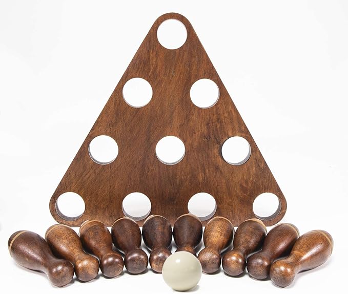 Shuffleboard Bowling Pin Set with 10 Pcs Premium Hardwood Bowling Pins Durabel Triangular Pinsetter Resin Bowling Ball and Carrying Bag, Fun for Shuffleboard Games