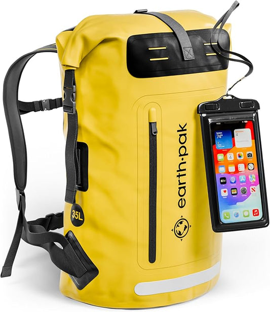 Earth Pak Waterproof Backpack - Heavy Duty Hiking Backpack - Roll-Top Closure Bag - Cushioned Dry Bag Waterproof Phone Case