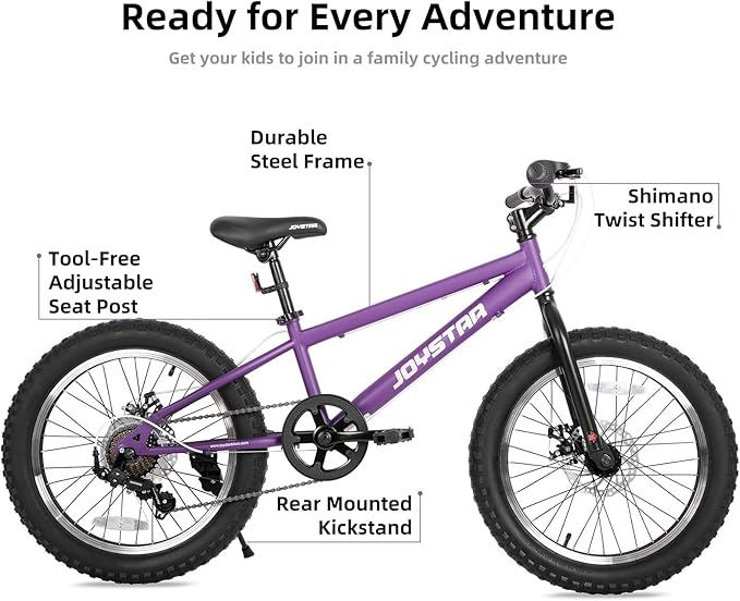 JOYSTAR 20 Inch Mountain Bike for Kids Ages 7-12 Year Old, 3-Inch Wide Knobby Tires, 7 Speed Shimano Drivetrain, Disc Brakes, Fat Tire Kids Bicycles for Boys Girls