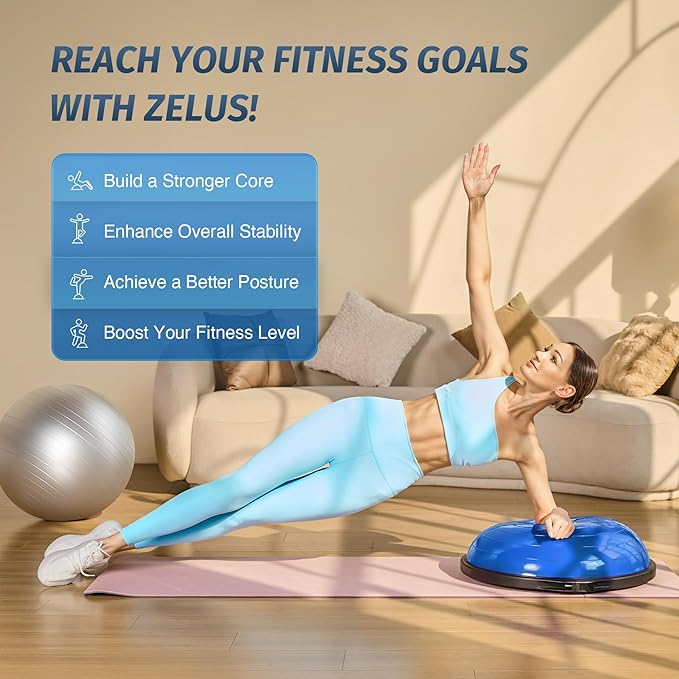 ZELUS 25in. Balance Ball | 660lb Inflatable Half Exercise Ball Wobble Board Balance Trainer w Nonslip Base | Half Yoga Ball Strength Training Equipment w 2 Bands, Pump, Extra Ball Included