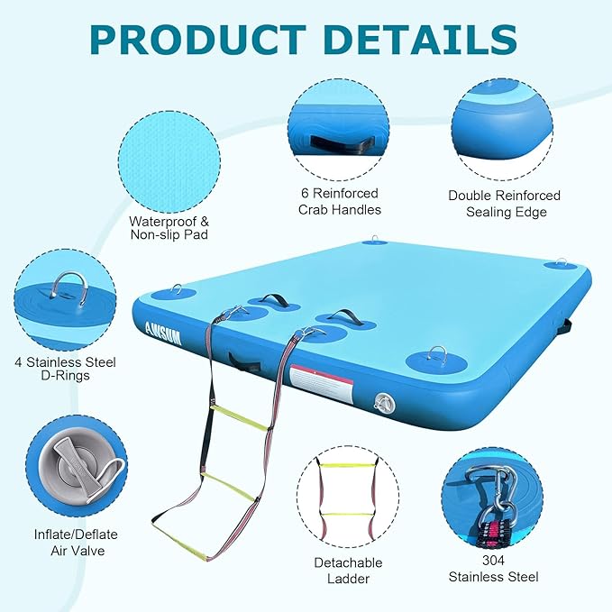 AWSUM Inflatable Floating Dock Air Dock Platform, 6ft/8ft Non-Slip Inflatable Water Mat Floating Island Raft for Lake Pool Beach Ocean