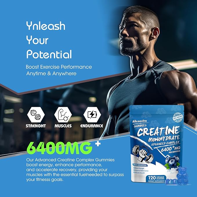 Creatine Monohydrate Gummies Complex for Men & Women - 120 Gummies Advanced Formula, L-Taurine + Vitamin B12 for Muscle Strength, Muscle Builder, Energy Boost, Pre-Workout Supplement -Blueberry