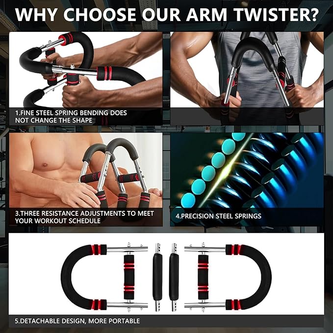 Twister Arm Trainer, Adjustable Chest Exerciser with 4 Spring, Detachable Power Twister Bar for Men Women, Portable Upper Body Strength Training Machine, Spring Resistance Fitness Equipment