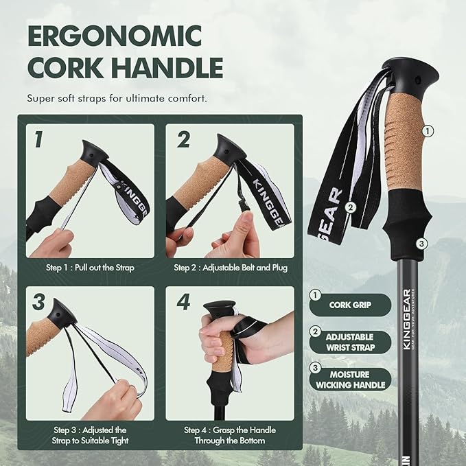 KINGGEAR Nordic Walking Stick, TP1 Hiking Poles Retractable Lightweight 7075 Aluminum, Trekking Poles with Flip Lock, Natural Cork and EVA Grip, 2pc Hiking Gear