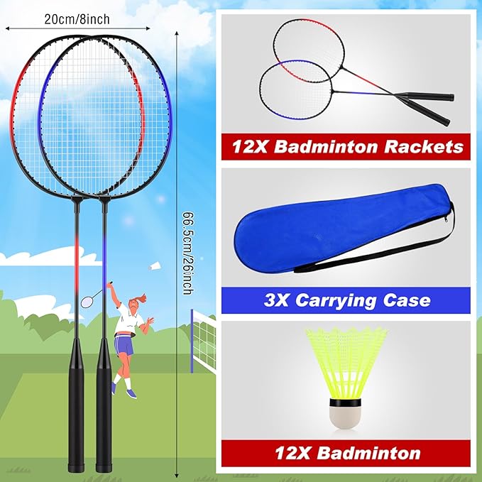 12 Pack Badminton Rackets Set Including Rackets, Nylon Shuttlecocks and Carry Bag for Outdoor Backyard Games Beginners