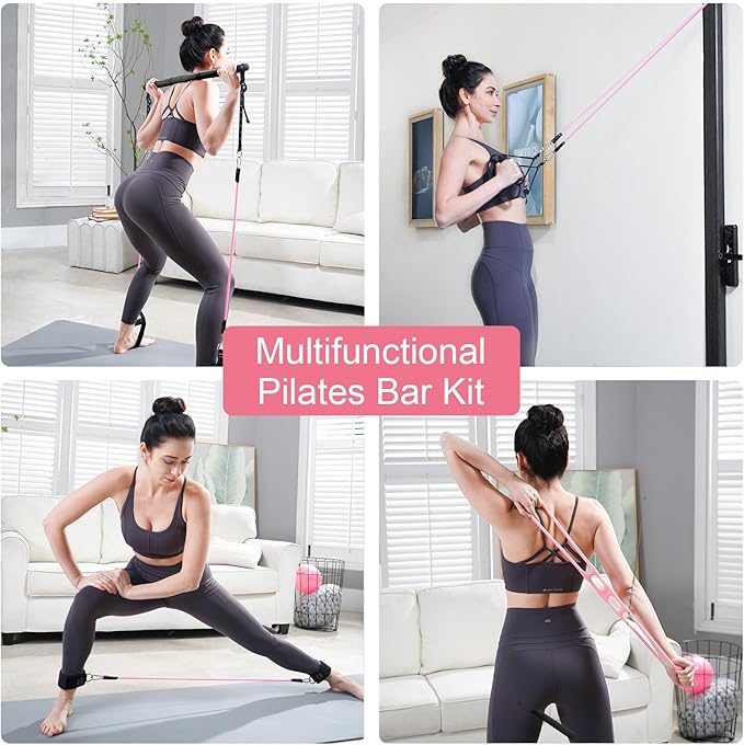 Pilates Bar Kit with Resistance Bands, Multifunctional Pilates Bar with 3 Set Exercise Resistance Bands, Portable Pilates Equipment for Women Home Gym Yoga Workouts
