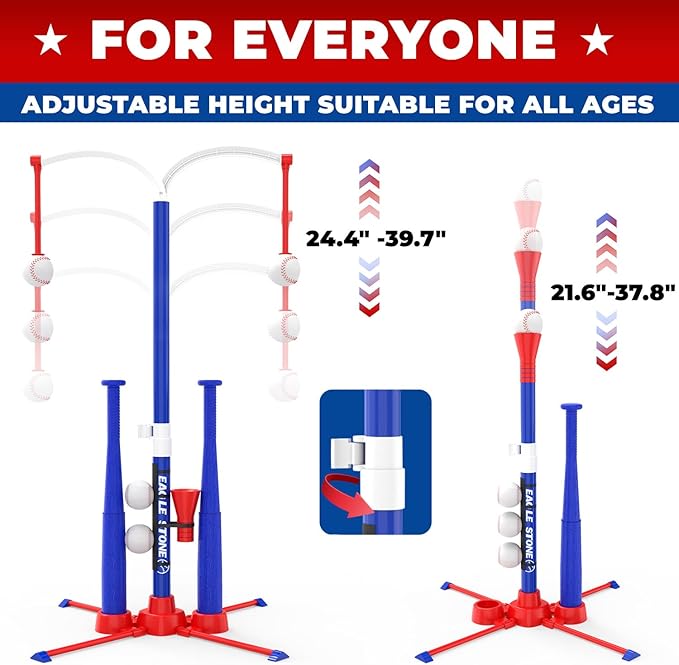 EagleStone 3-in-1 Toddler T Ball Set for Kids 3-5, 5-8, 2 Baseball Bats,Adjustable Height Hanging Tee,Tball Batting Stand,Ball Launcher. Outdoor/Indoor Baseball Toys for Toddlers, Backyard Sports Gift