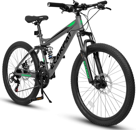 Mountain Bike 24 26 27.5 Inch, Dual Full Suspension Mens Womens Bike, 21 Speeds Dual Disc Brake Carbon Steel Bike, Boys Mens Mountain Bike for School Work Summer Camping, Birthday Gift Choice