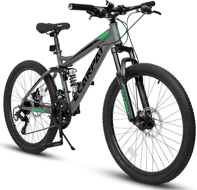 Mountain Bike 24 26 27.5 Inch, Dual Full Suspension Mens Womens Bike, 21 Speeds Dual Disc Brake Carbon Steel Bike, Boys Mens Mountain Bike for School Work Summer Camping, Birthday Gift Choice