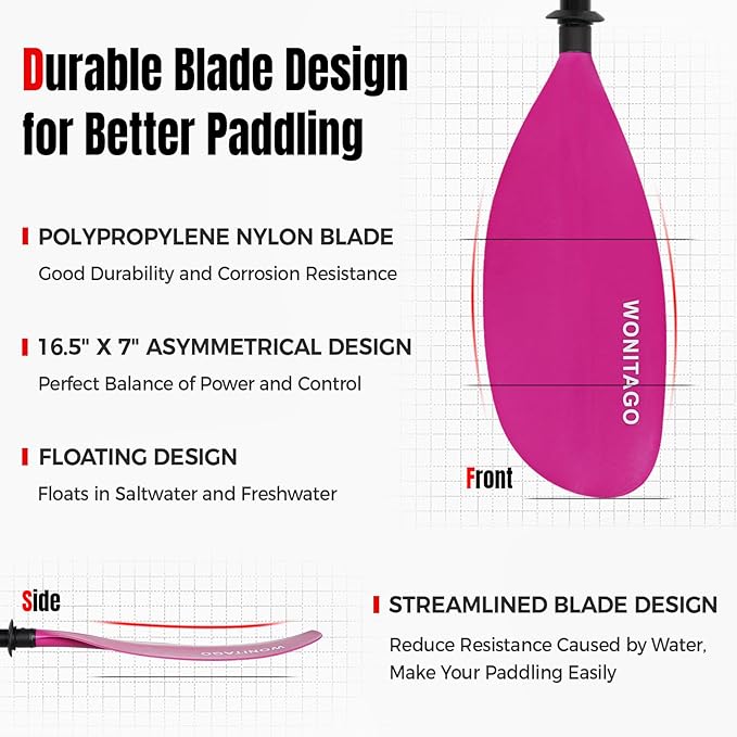 Kayak Paddle with Fiberglass Shaft and Reinforced Nylon Blade, Adjustable Kayaking Oars, 3 Piece, 230-250 cm/90-98 inches, 210-230 cm/82-90 inches