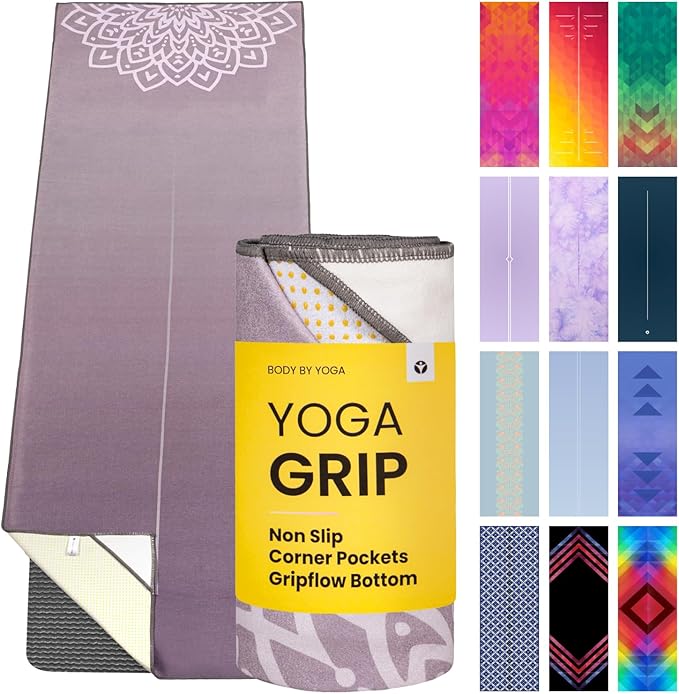 Yoga Drip Yoga Towel - Non Slip Hot Yoga Mat Towel With Corner Pockets, No-Skid Grip, and Built-in Alignment Lines | Soft, Moisture Wicking, and Sweat Absorbent | No Bunching, Stays in Place 72" x 25"