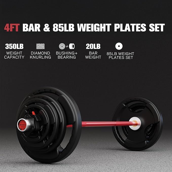 RitFit Barbell Weight Set - 4/6FT Olympic Barbell with Weight Plates (55-275LB Total) - Weightlifting Equipment for Squats, Curls, Deadlifts, Presses, Hip Thrusts