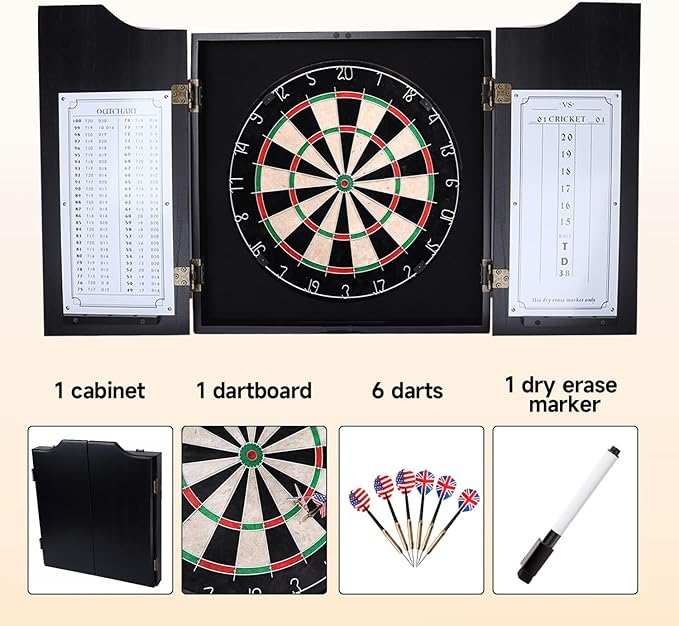GSE Games & Sports Expert Professional Solid Wood Classic Dartboard Cabinet with Sisal/Bristle Dartboard, Scoreboard, and 6 Steel Tip Darts, Easy Assembly Complete with All Accessories (Black)