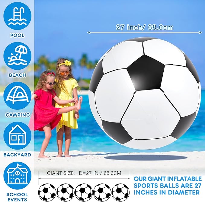 Lewtemi Giant Inflatable Sports Balls Large Inflatable Beach Ball Baseballs Soccer Rainbow Basketball Football for Sport Birthday Party Favor(2 Pcs,Soccer, Basketball,27 Inch)
