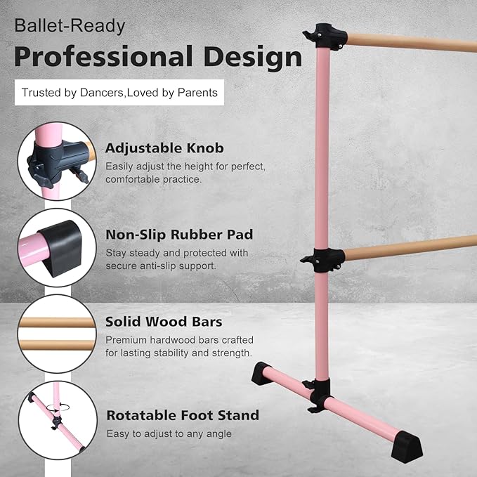 4FT/6FT Freestanding Ballet Barre Wood/Steel Height Adjustable from 7 to 46 inch Ballet Bar Portable Double Dance Bar for Home Workout and Stretch