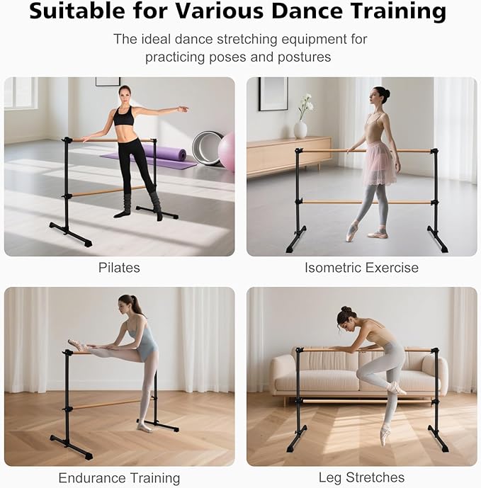 4FT/6FT Freestanding Ballet Barre Wood/Steel Height Adjustable from 7 to 46 inch Ballet Bar Portable Double Dance Bar for Home Workout and Stretch