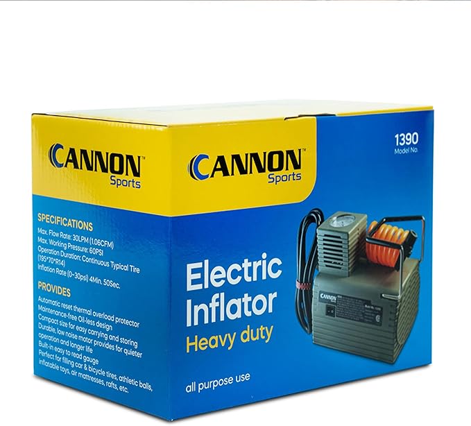 Cannon Sports Electric Ball Inflator Pump with Pressure Gauge - Powerful 1/8 HP Oil-Less Compressor, Inflates Balls, Exercise Balls, Tires, Pool Floats, Air Mattresses, and More