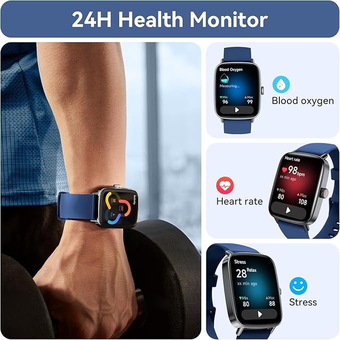 Smart Watch for Women/Men Android & iPhone, 1.85" Touch Screen Fitness Tracker with Answer/Make Call, IP68 Waterproof 24/7 Health/Sleep Monitor, Pedometer, 100+ Sport Modes (2 Bands), Dark Blue