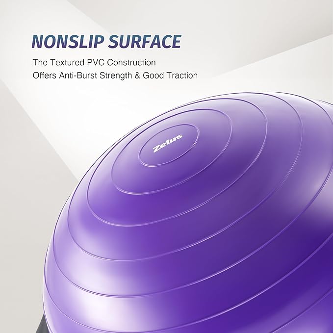 ZELUS 25in. Balance Ball | 660lb Inflatable Half Exercise Ball Wobble Board Balance Trainer w Nonslip Base | Half Yoga Ball Strength Training Equipment w 2 Bands, Pump, Extra Ball Included