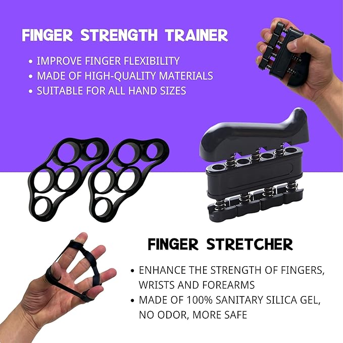 Hand Grip Strengthener Workout Kit (8 Pack) Forearm Grip Adjustable Resistance Hand Gripper, Finger Stretcher, Finger Exerciser, Grip Ring，Gyro Ball (black)
