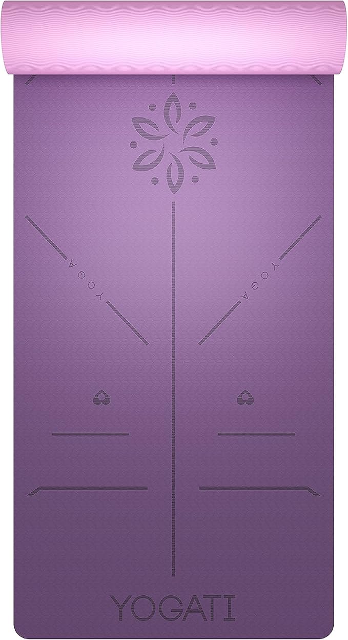 YOGATI® Non Slip Yoga Mat with Alignment Lines. Home Workout Mat for Women, Men and Kids. Thick Yoga Mats with Strap for Pilates and Fitness.