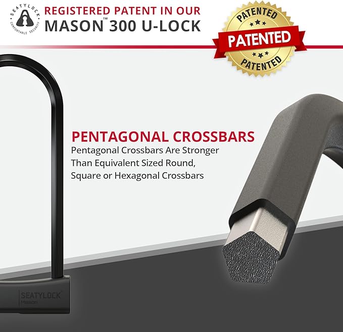 Seatylock Mason Bike U Lock - Patented Heavy Duty Anti Theft Diamond Secure ULock - Ultra Security Bicycle Safety Tool with Keys for City Electric or Mountain Bikes and Scooters