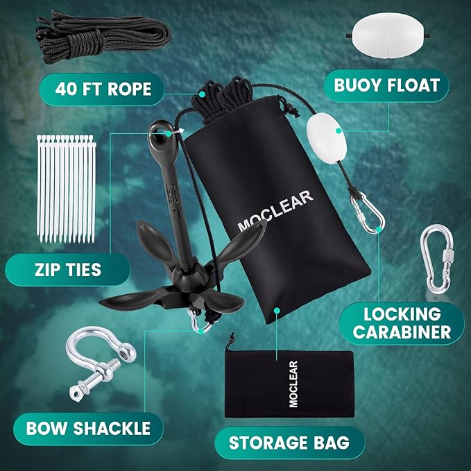 Kayak Anchor Kit, 1.5/3.5 lb Compact Folding Grapnel Anchor for Kayaks, Canoes, SUPs, Jet Skis, Small Boats - Lightweight Portable Marine Boat Anchor with Rust-Resistant Design