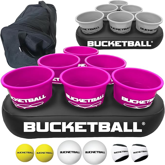 BucketBall | Team Color Edition | Party Pack (Pink/Silver): Original Yard Pong Game: Best Camping, Beach, Lawn, Outdoor, Family, Adult, Tailgate, Jumbo, Giant Game