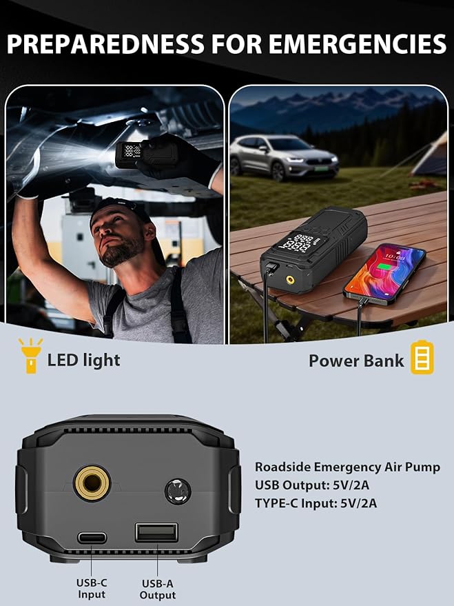 AIRSURE Tire Inflator Portable Air Compressor, 5X Faster Air Pump for Car Tires with Powerful Battery, 12V DC & Autostop, 150PSI Cordless Tire Pump for Car, Motorcycle, Bike, Balls