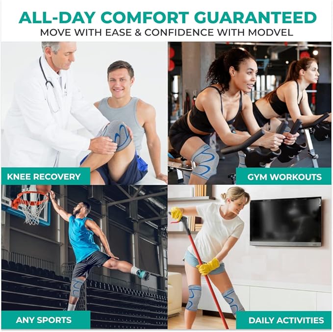 Modvel 2 Pack Knee Brace for Women & Men - Workout Knees Compression Sleeve for Knee Pain Relief Joint Support for ACL, Arthritis, Meniscus Tear Knees Brace for Sports, Rodilleras para Gym Fitness