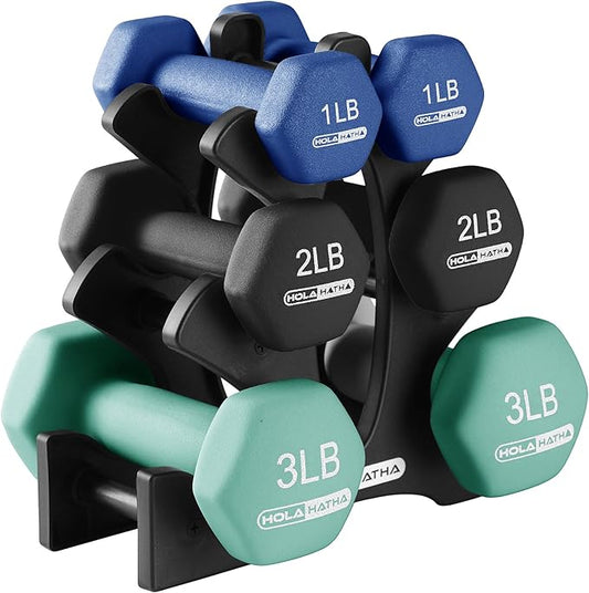 HolaHatha 2, 3, 5, 8, and 10 Pound Neoprene Dumbbell Free Hand Weight Set with Rack, Ideal for Home Exercises to Gain Tone and Definition, Pastel
