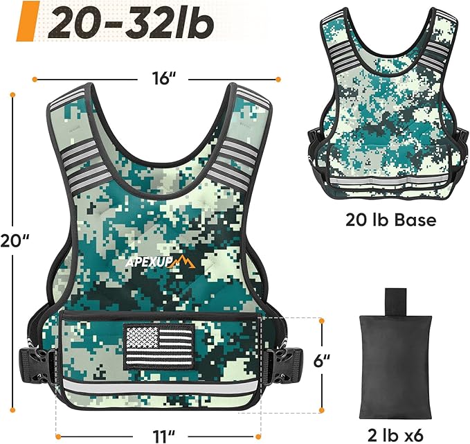 APEXUP Adjustable Weighted Vest, 4-10lb/12-18lb/20-32lb Vest with 6 Ironsand Weights and Large Pocket, Weight Vest for Men Women Strength Training, Running, Walking