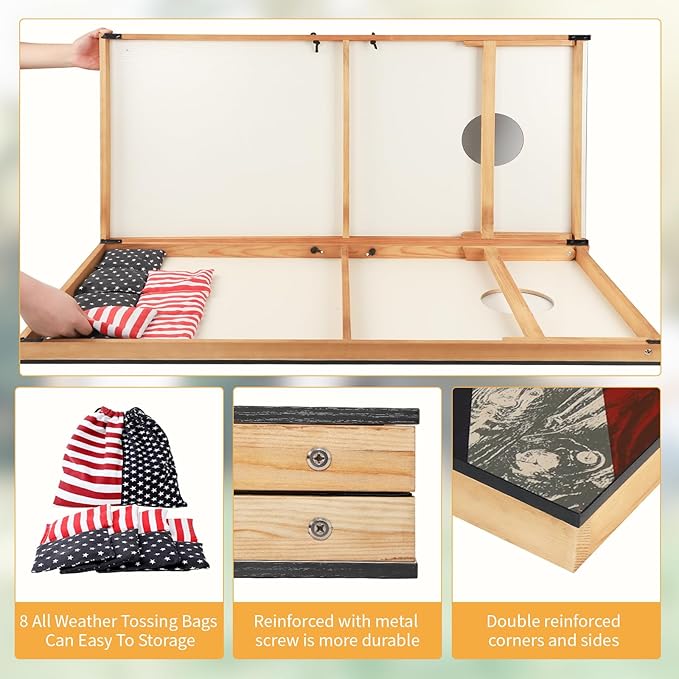 Cornhole Set, Corn Holes Outdoor Game, Regulation 2X4 Cornhole Boards, Portable Cornhole Set, Classic American Flag Cornhole Set Includes 2 Boards, 8 Cornhole Beans Bags & Carry Case