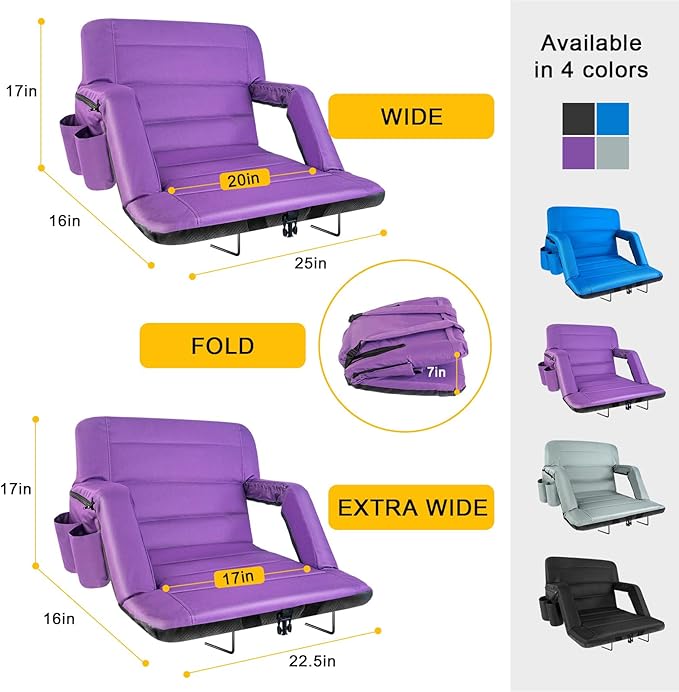 Stadium Seats with Back Support 2 Pack Wide, Exclusive Bleacher Chairs with Back and Cushion Folding Stadium Chairs, 6 Reclining Positions Waterproof Bleacher Seats (Wide|22.5" Purple)