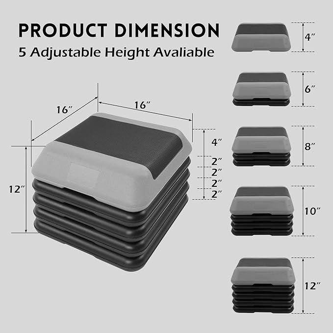 Fitvids Step Aerobic Platform, Exercise Step with 5 levels Adjustable Height, 4 Stackable Risers, Fitness Training Workout Stepper for Home Gym, Cardio Strength, Multiple Options