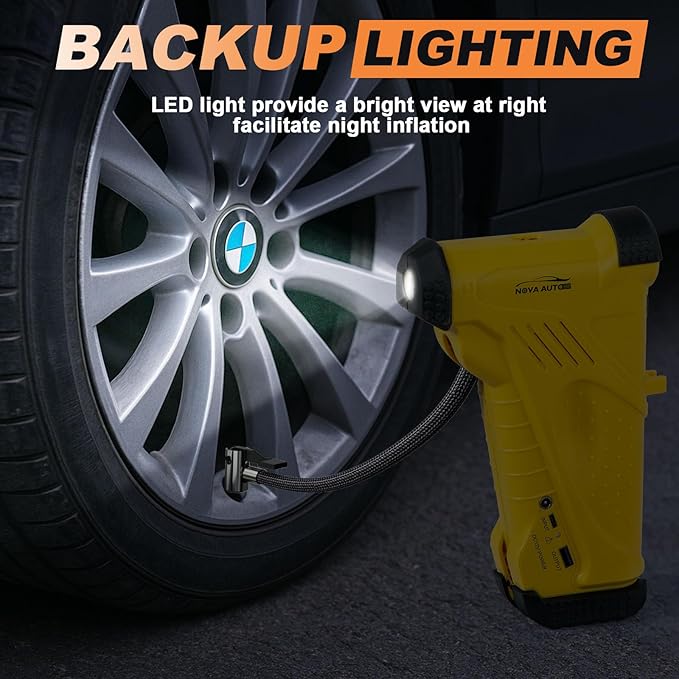 Tire Inflator Portable Air Compressor,12V 150PSI Handheld Air Compressor with Gauge,Rechargeable Tire Pump with Digital Gauge & LED Light,Air Pump Emergency for Cars, Bikes, Dirt Bikes,RV