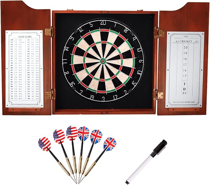 GSE Games & Sports Expert Professional Solid Wood Classic Dartboard Cabinet with Sisal/Bristle Dartboard, Scoreboard, and 6 Steel Tip Darts, Easy Assembly Complete with All Accessories (Mahogany)