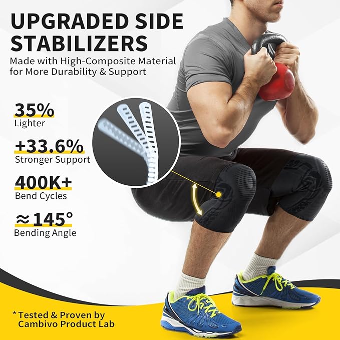 CAMBIVO 2 Pack Knee Brace for Men and Women, Knee Sleeves for Men with Patella Gel Pad and Side Stabilizers, Knee Compression Sleeves for Knee Pain Relief, Running, Workout, Daily Use