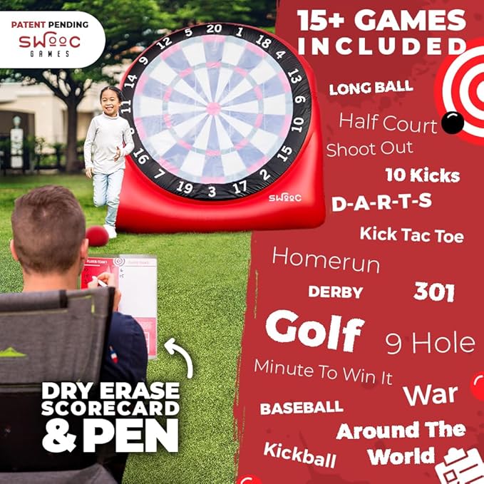 SWOOC Games - Inflatable Giant Kick Darts (15+ Ways to Play) - Jumbo Soccer Dartboard w/Air Pump - Big Carnival Games - Giant Outdoor Games - Oversized Dart Board Yard & Lawn Game for Kids & Adults