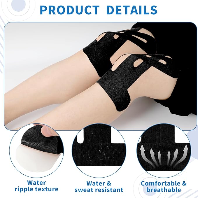 20PCS Kinesiology Tape for Knees, Kinesiology Tape Precut Strips for Knee Support & Stability, Waterproof Breathable Elastic Sports Tape for Pain Relief, Athletic Tape for Muscle & Joint, Black