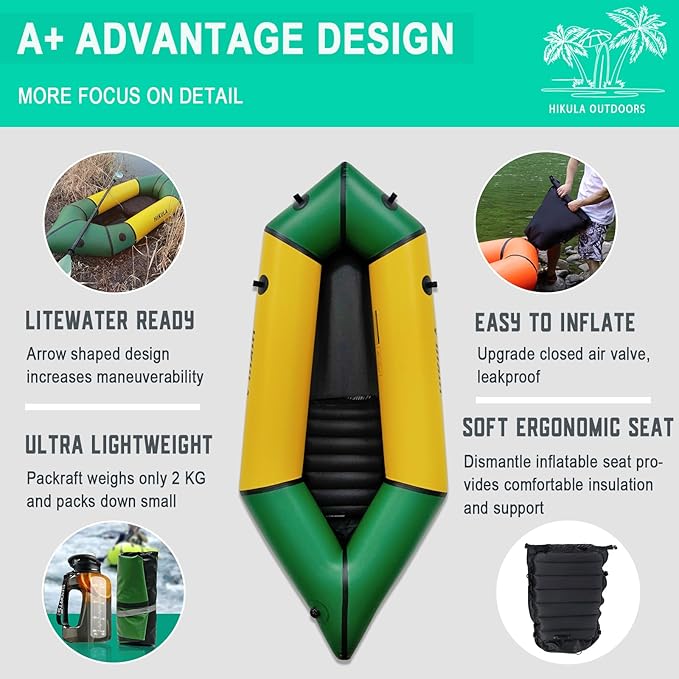 TPU Packraft Inflatable Lightweight Kayak - 1 Person Packraft, Ideal for Adults&Kids with Soft Seat, Litewater Dinghy for Flat Water Rafting, Fishing & Adventure, Rapid Inflate