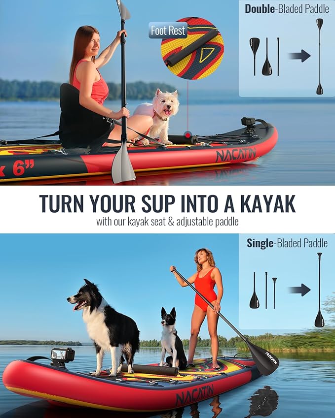 Inflatable Stand Up Paddle Board 12' with Kayak Seat & Dual Paddles – Premium SUP Board for Adults & Families Includes Kayak Conversion Kit, Pump, Leash & Accessories – Stable Wide Deck for Beginners