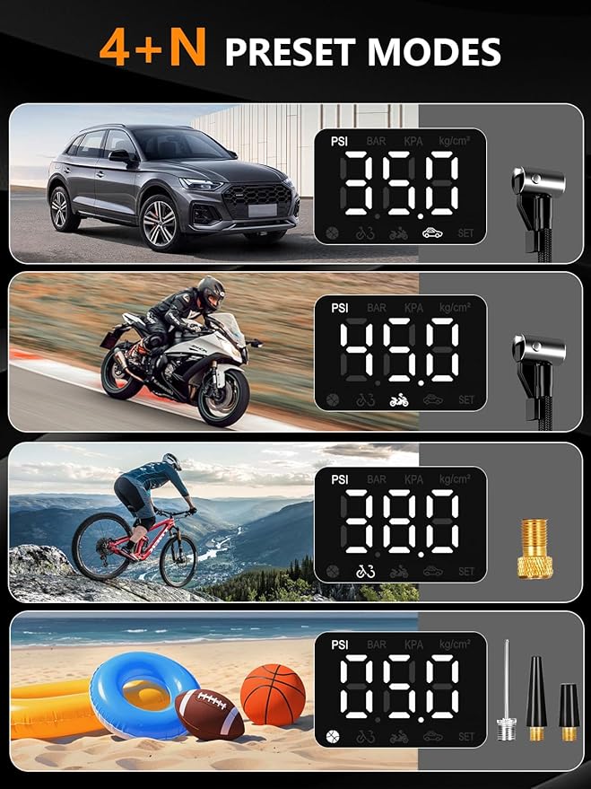 AIRSURE Tire Inflator Portable Air Compressor, 5X Faster Air Pump for Car Tires with Powerful Battery, 12V DC & Autostop, 150PSI Cordless Tire Pump for Car, Motorcycle, Bike, Balls