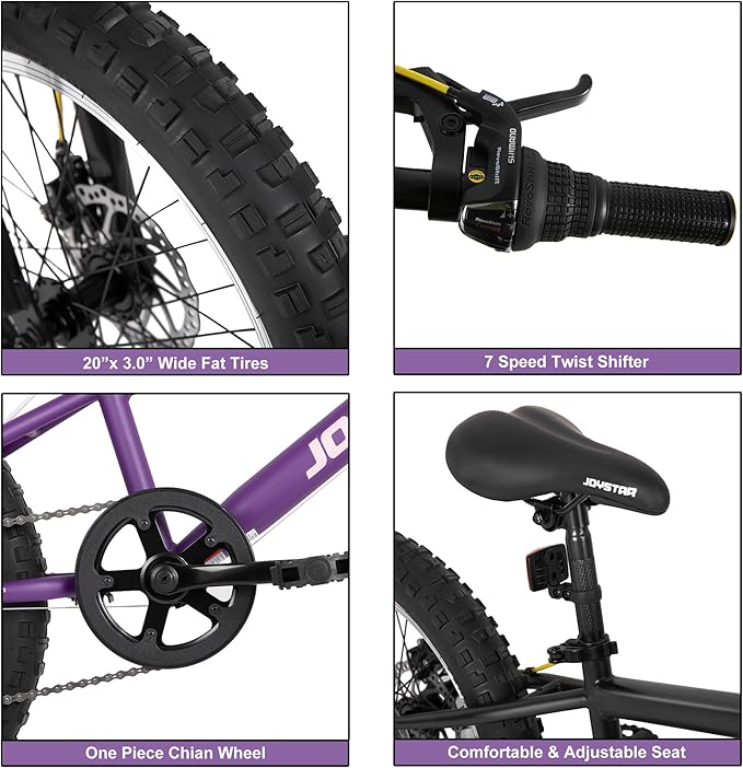 JOYSTAR 20 Inch Mountain Bike for Kids Ages 7-12 Year Old, 3-Inch Wide Knobby Tires, 7 Speed Shimano Drivetrain, Disc Brakes, Fat Tire Kids Bicycles for Boys Girls