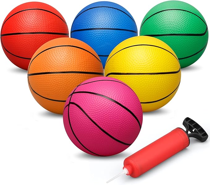 Dilabnba 6 INCH Rubber Basketball, Colorful Kids Mini Toy Ball, Children's Basketballs with Pump, Indoor Outdoor Fun Sports for Kids and Adults(7 Pack)