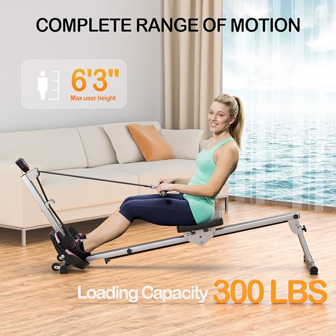 Rowing Machine for Home Use, LUBBYGIM Rowing Machine Foldable Rower with LCD Monitor - Hyper-Quiet & Smooth - 2024 Upgraded Version with 300LBS Loading Capacity